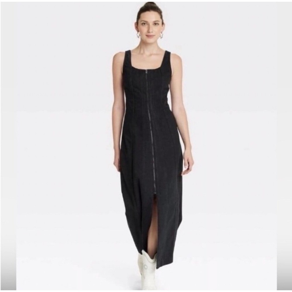 NEW! Black Denim Square Neck‎ Maxi Dress Zipper Front Sleeveless Fit Flare 12